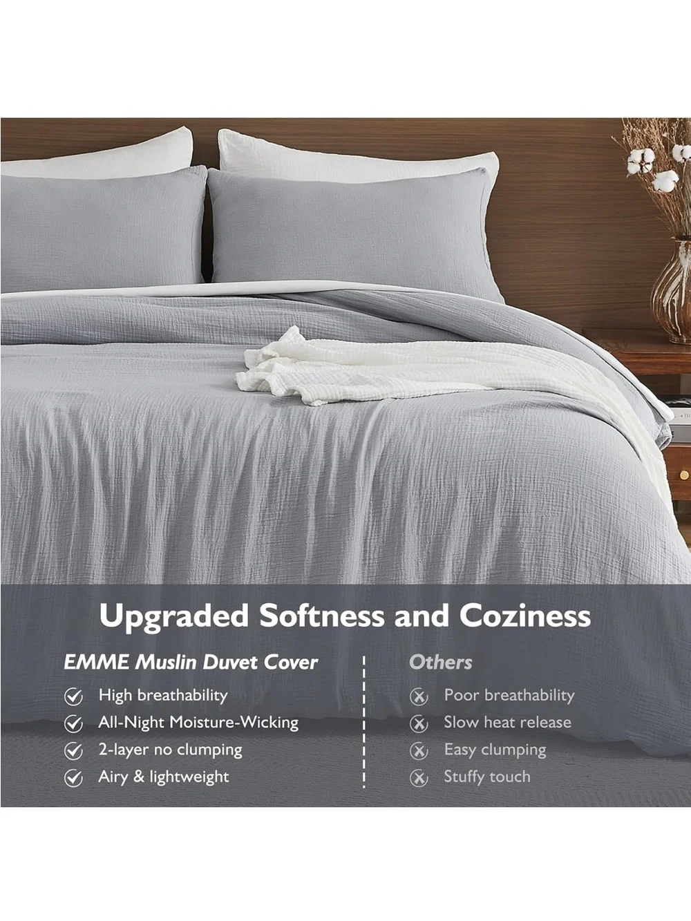 NEW EMME Muslin Cotton Duvet Cover Set Lt Grey. Linen Like Soft Breathable.
